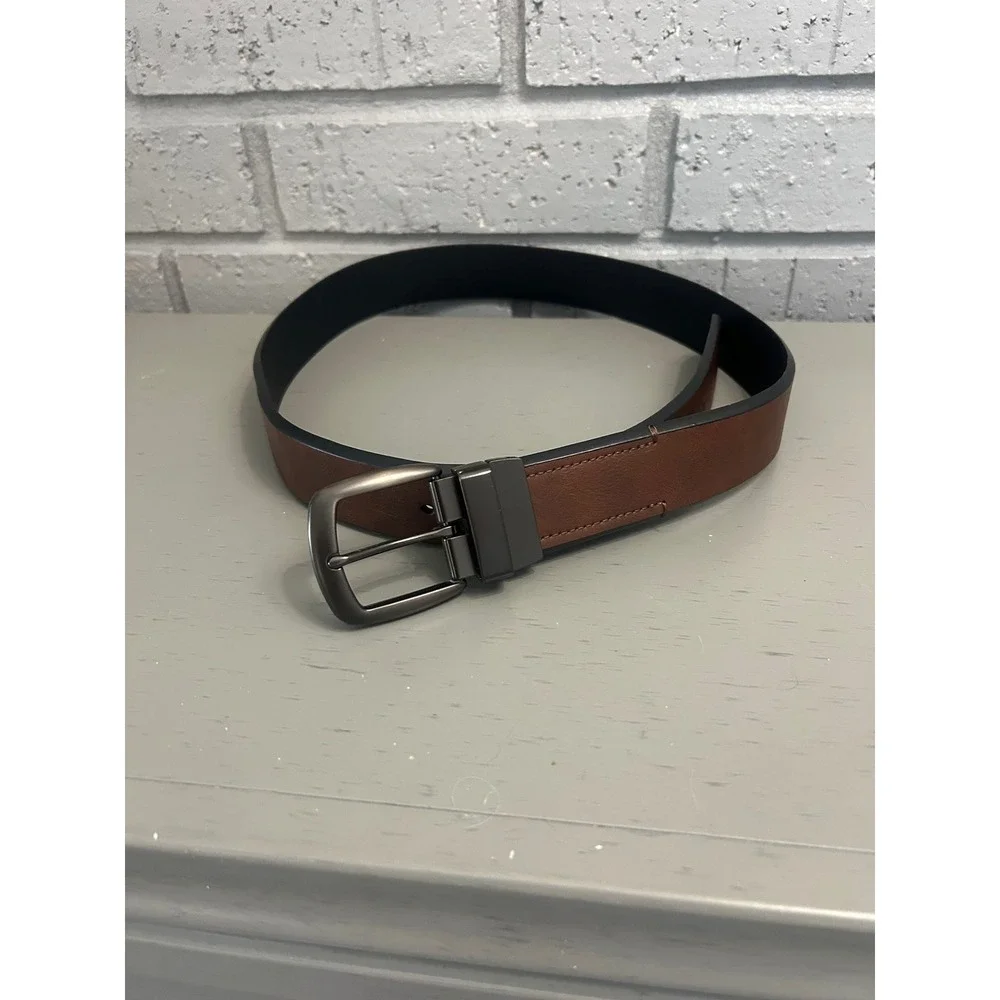 NWOT Brown Black Reversible Leather Belt Mens 38-40 Gunmetal Buckle